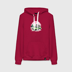 Толстовка-худи хлопковая женская Ретро автомобиль на розовом закате, цвет: маджента