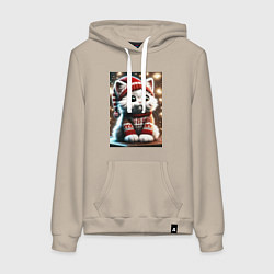 Толстовка-худи хлопковая женская Котик в новогоднем свитере, цвет: миндальный