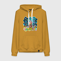 Толстовка-худи хлопковая женская Мишка в праздничном колпаке и конфетти: жизнь слиш, цвет: горчичный