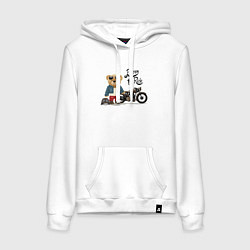 Толстовка-худи хлопковая женская Плюшевый медвежонок с мотоциклом, цвет: белый