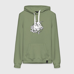 Толстовка-худи хлопковая женская Корова и цветы, цвет: авокадо