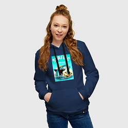 Толстовка-худи хлопковая женская Surfing never alone - shark and surfer, цвет: тёмно-синий — фото 2