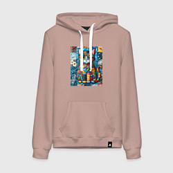 Толстовка-худи хлопковая женская Прикольный котик - пэчворк, цвет: пыльно-розовый