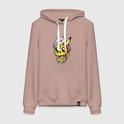 Толстовка-худи хлопковая женская Пикачу треснутый зомби, цвет: пыльно-розовый