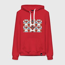 Толстовка-худи хлопковая женская Узор красно-синий на белом фоне, цвет: красный