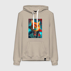 Толстовка-худи хлопковая женская Рыжий кот вампир - нейроарт, цвет: миндальный