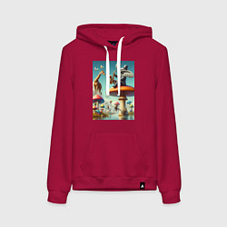 Толстовка-худи хлопковая женская Слон играет на саксофоне жирафу, цвет: маджента