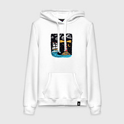 Толстовка-худи хлопковая женская Маяк и парусник, цвет: белый