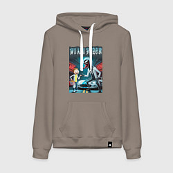 Толстовка-худи хлопковая женская Веном-Рик и Морти рядом со спортивной тачкой, цвет: утренний латте