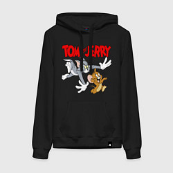 Толстовка-худи хлопковая женская Том и Джерри - погоня, цвет: черный