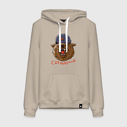 Толстовка-худи хлопковая женская Медведь в ушанке со звездой, цвет: миндальный