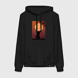 Толстовка-худи хлопковая женская Кот трогает луну, цвет: черный