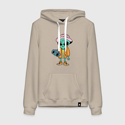 Толстовка-худи хлопковая женская Инопланетянин с магнитофоном, цвет: миндальный