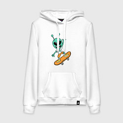 Толстовка-худи хлопковая женская Инопланетянин на скейтборде, цвет: белый
