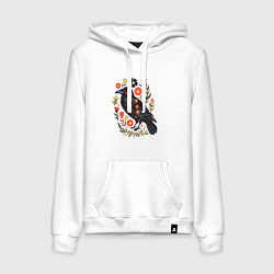 Толстовка-худи хлопковая женская Ворона в цветах фолк арт, цвет: белый