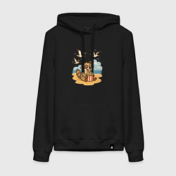 Толстовка-худи хлопковая женская Енот с попкорном на пляже, цвет: черный