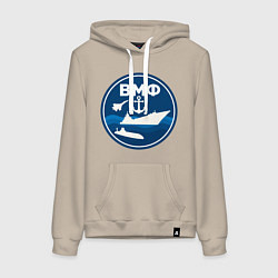 Толстовка-худи хлопковая женская ВМФ - самолет, корабль, подводная лодка и якорь, цвет: миндальный