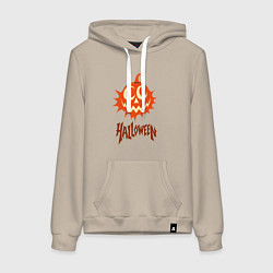 Толстовка-худи хлопковая женская Тыква-Джек-фонарь с надписью halloween, цвет: миндальный
