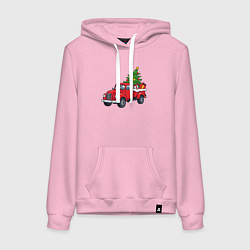 Толстовка-худи хлопковая женская Машина с новогодней ёлкой и подарками, цвет: светло-розовый