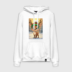 Толстовка-худи хлопковая женская Рождественский олененок в лесу, цвет: белый