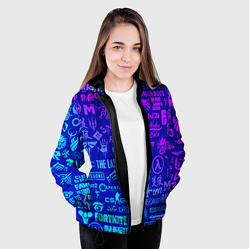 Женская куртка Неоновые геймерские лого / 3D-Черный – фото 3