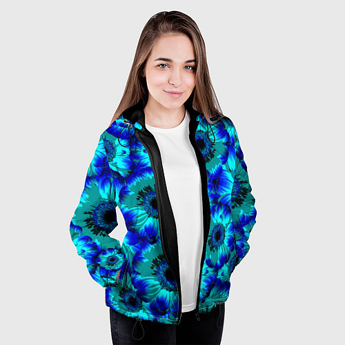 Женская куртка Голубые хризантемы / 3D-Черный – фото 3
