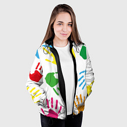Куртка с капюшоном женская Цветные ладошки - Детский узор, цвет: 3D-черный — фото 2