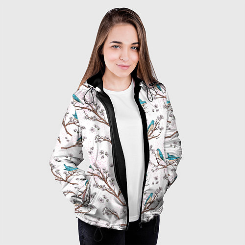 Женская куртка Птички весной на ветках Сакуры / 3D-Черный – фото 3