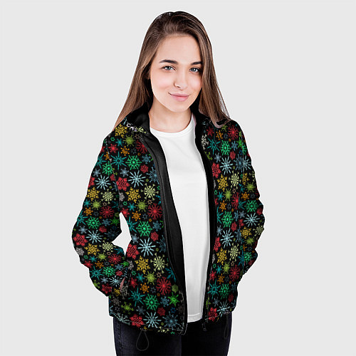 Женская куртка Разноцветные Снежинки / 3D-Черный – фото 3