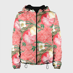 Куртка с капюшоном женская Новогодние красные шары, цвет: 3D-черный