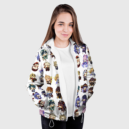 Женская куртка Все герои Геншин Импакта чиби паттерн / 3D-Белый – фото 3