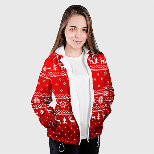 Женская куртка Красный узор с оленями / 3D-Белый – фото 3