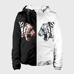 Куртка с капюшоном женская Два тигра напротив друг друга, цвет: 3D-белый