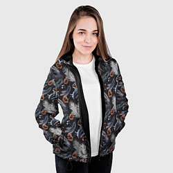 Куртка с капюшоном женская Узор из еловых веток и шишек Акварельный рисунок, цвет: 3D-черный — фото 2