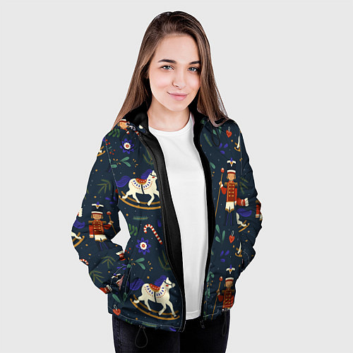 Женская куртка Щелкунчик паттерн с лошадкой / 3D-Черный – фото 3