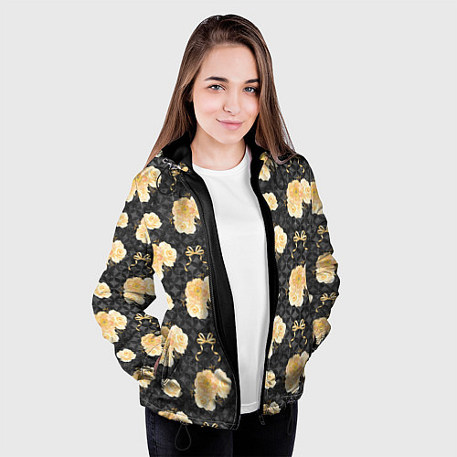 Женская куртка Желтые цветы на черном фоне / 3D-Черный – фото 3