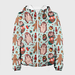 Куртка с капюшоном женская Новогодний ёжик и щелкунчик, цвет: 3D-белый