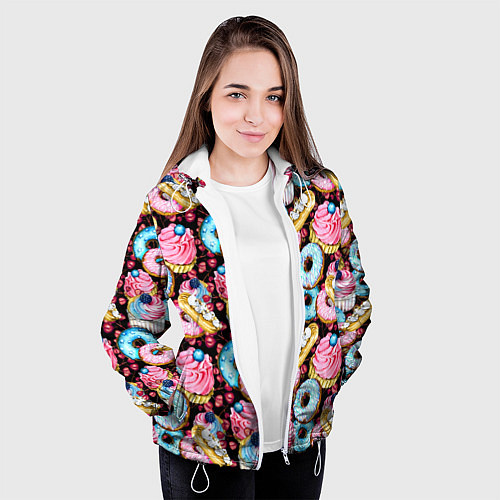 Женская куртка Узор из сладостей на черном фоне / 3D-Белый – фото 3