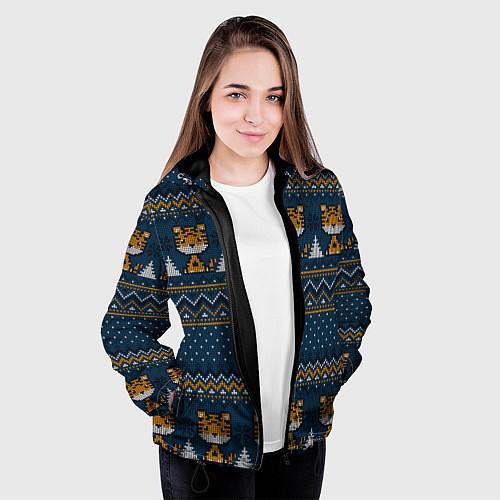 Женская куртка Вязаный стиль текстура Тигры / 3D-Черный – фото 3