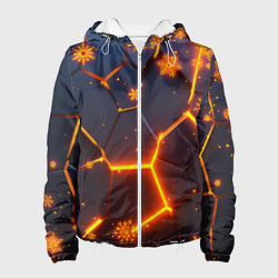 Куртка с капюшоном женская НОВОГОДНИЕ ОГНЕННЫЕ 3D ПЛИТЫ FIRE NEON HEXAGON, цвет: 3D-белый