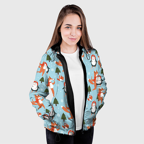Женская куртка Лисята и пингвины Новый год 2022 / 3D-Черный – фото 3