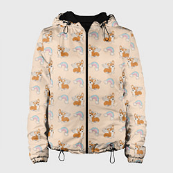 Куртка с капюшоном женская Корги - единороги паттерн, цвет: 3D-черный