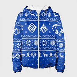 Куртка с капюшоном женская НОВОГОДНИЙ СВИТЕР GENSHIN IMPACT СИНИЙ, цвет: 3D-белый
