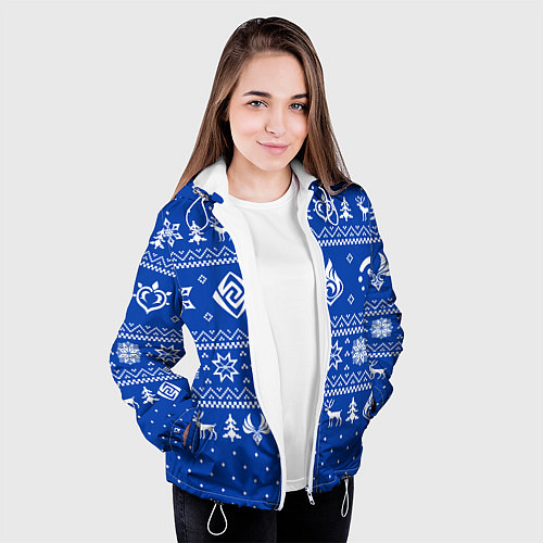 Женская куртка НОВОГОДНИЙ СВИТЕР GENSHIN IMPACT СИНИЙ / 3D-Белый – фото 3