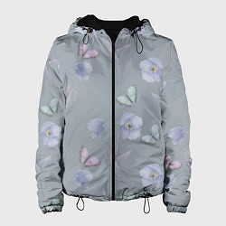 Куртка с капюшоном женская Бабочки и цветы голубого мака, цвет: 3D-черный