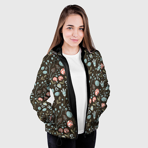 Женская куртка Цветы и ягоды паттерн / 3D-Черный – фото 3