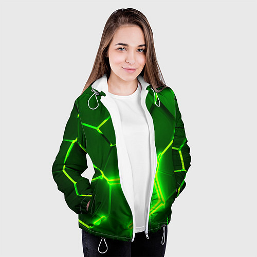 Женская куртка 3D ПЛИТЫ НЕОН NEON GREEN HEXAGON РАЗЛОМ / 3D-Белый – фото 3