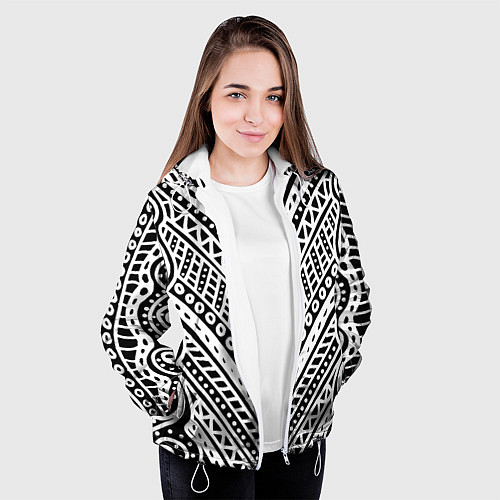 Женская куртка Абстракция черно-белая Волны, полосы, вензеля Моно / 3D-Белый – фото 3