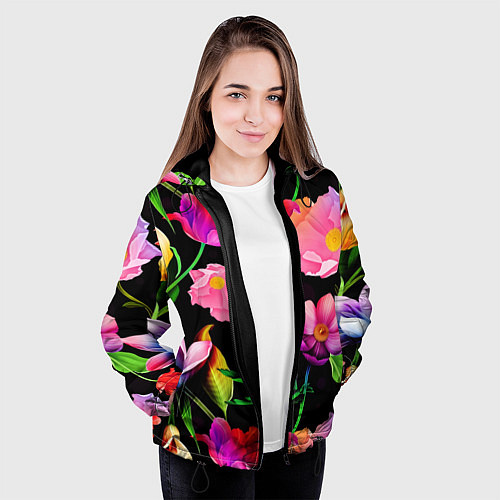 Женская куртка Цветочный узор Floral pattern / 3D-Черный – фото 3