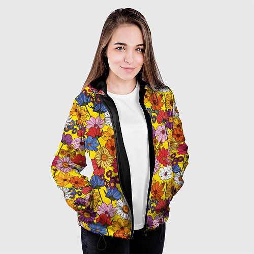 Женская куртка Цветочки-лютики на желтом фоне / 3D-Черный – фото 3